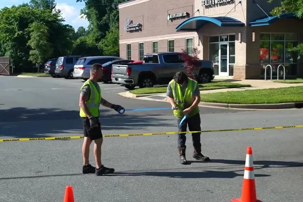 Taping off the parking lot before sealcoating and striping at point blank range