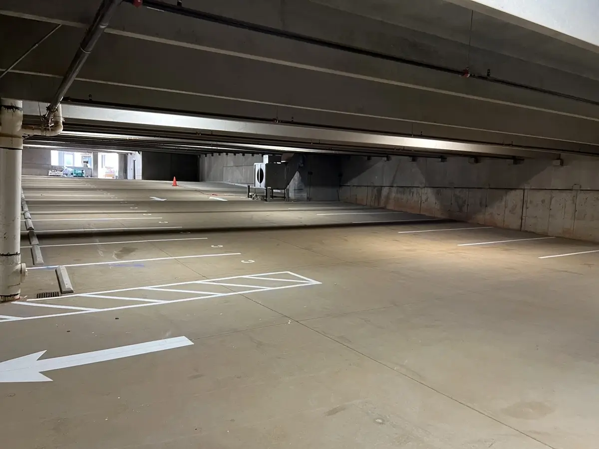 View of freshly striped parking garage level at junction 49, charlotte nc