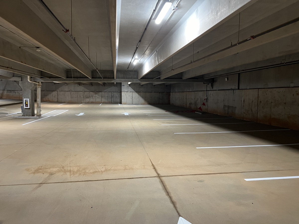 finished lower level of 4-story parking deck striping project at junction 49