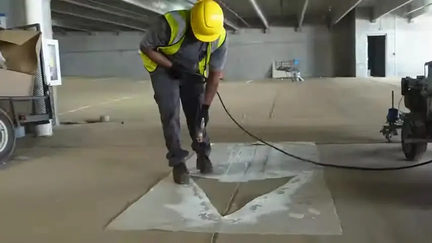 painting directional arrow using stencil on junction 49 parking deck