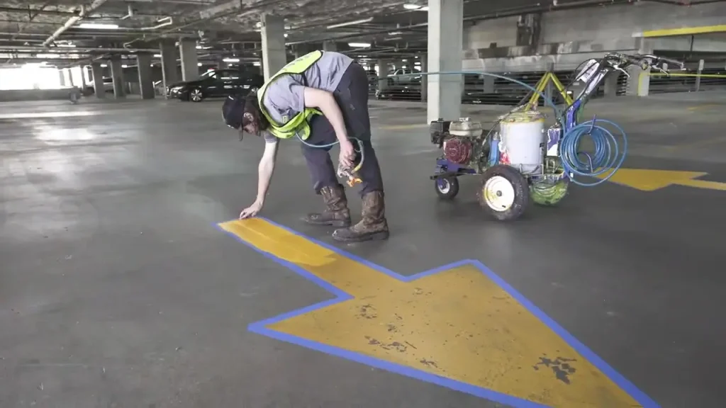 Airbrushing directional arrows on a parking deck
