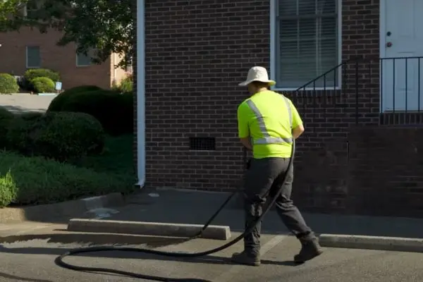 Worker using hose near building