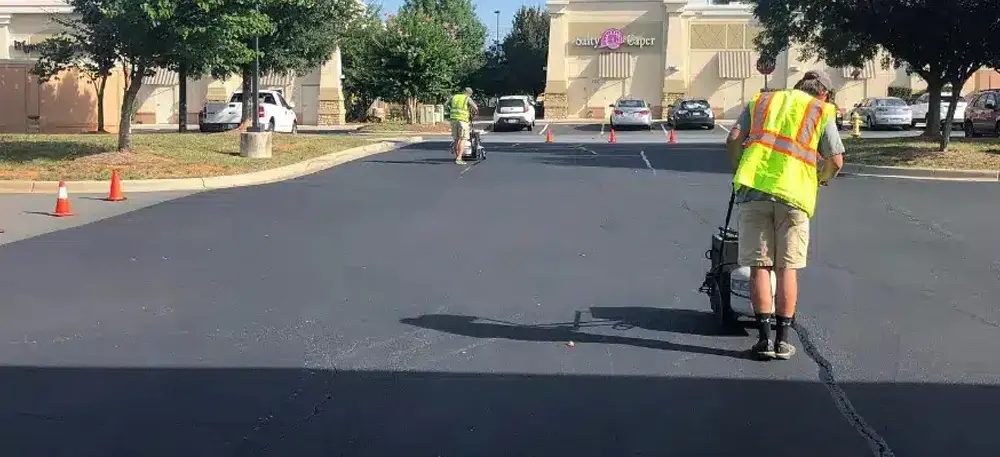 Workers sealing cracks in parking lot