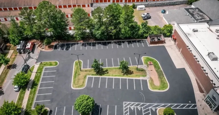 Freshly sealed blacktop parking lot